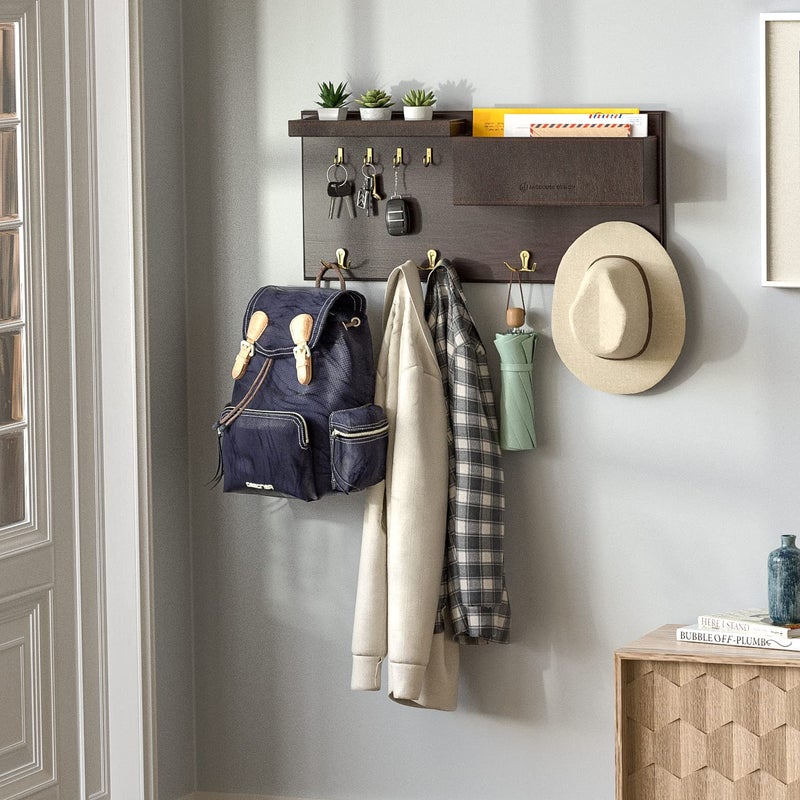 J JACKCUBE DESIGN JackCubeDesign Entryway Coat Rack Wall Mount Key Holder Mail Envelope Hook Organizer Clothes Hat Hanger with Faux Brown Leather Shelf and Tray(Solid Wood, 20.5 x 9.1 x 3.4 inches) â€“ :MK362B - Image 2